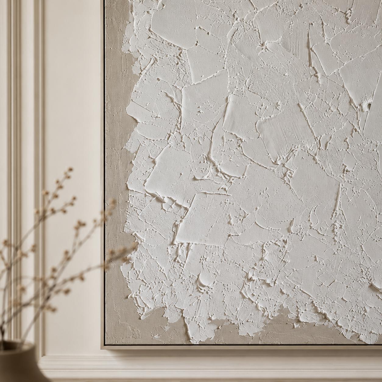 Abstract art piece with textured white surface on a neutral background