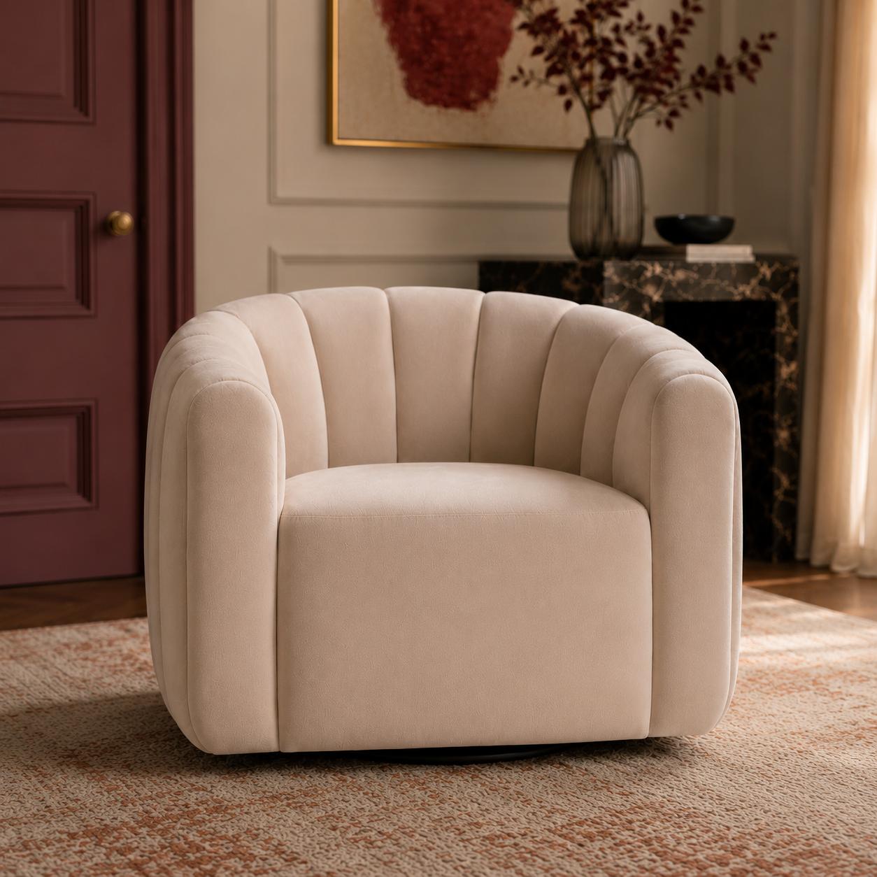 Luxury swivel armchair with a sculptural channelled design, available in ivory and cinnamon velvet upholstery.