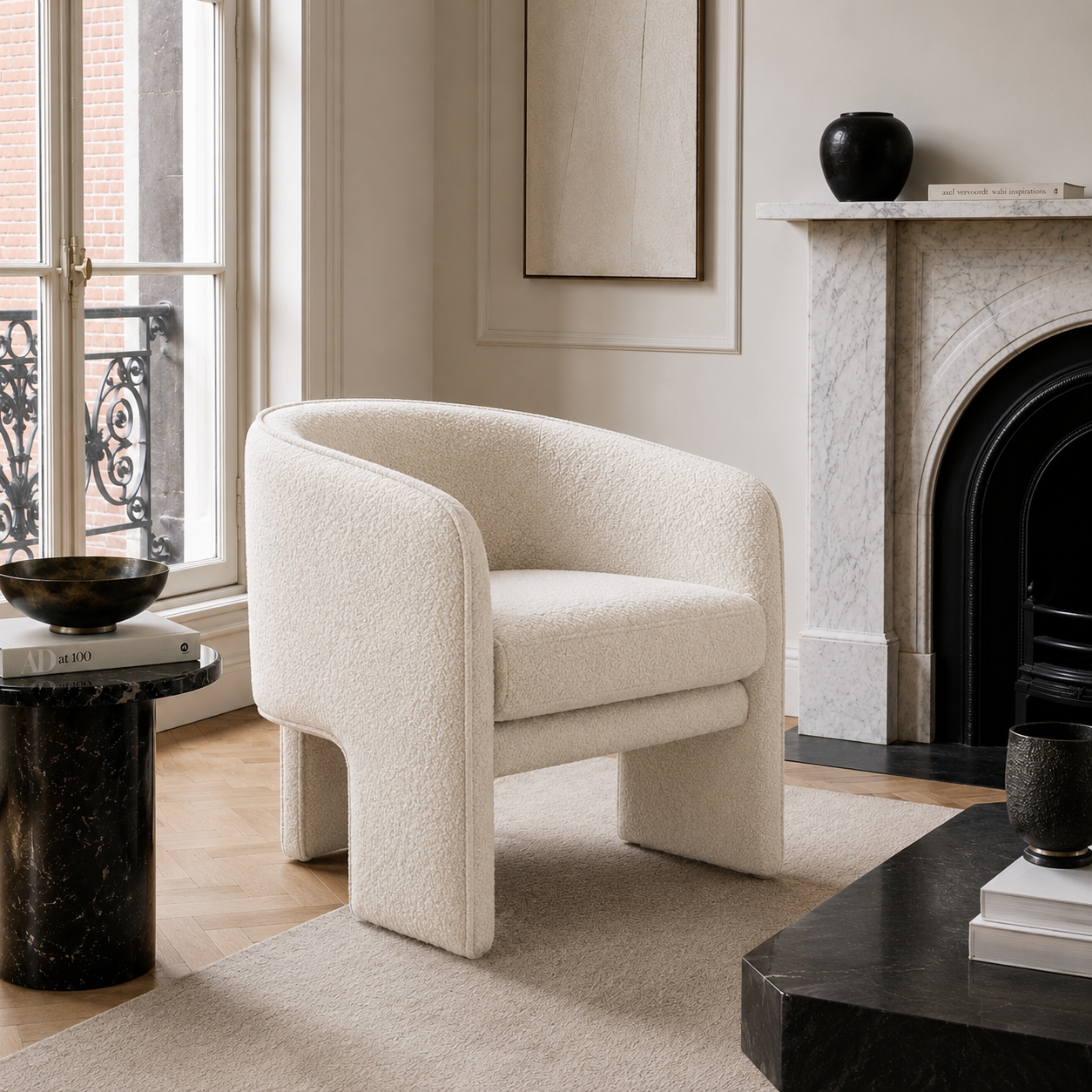 Contemporary sculptural accent armchair with a wraparound design, available in ivory bouclé, red velvet and green velvet upholstery.
