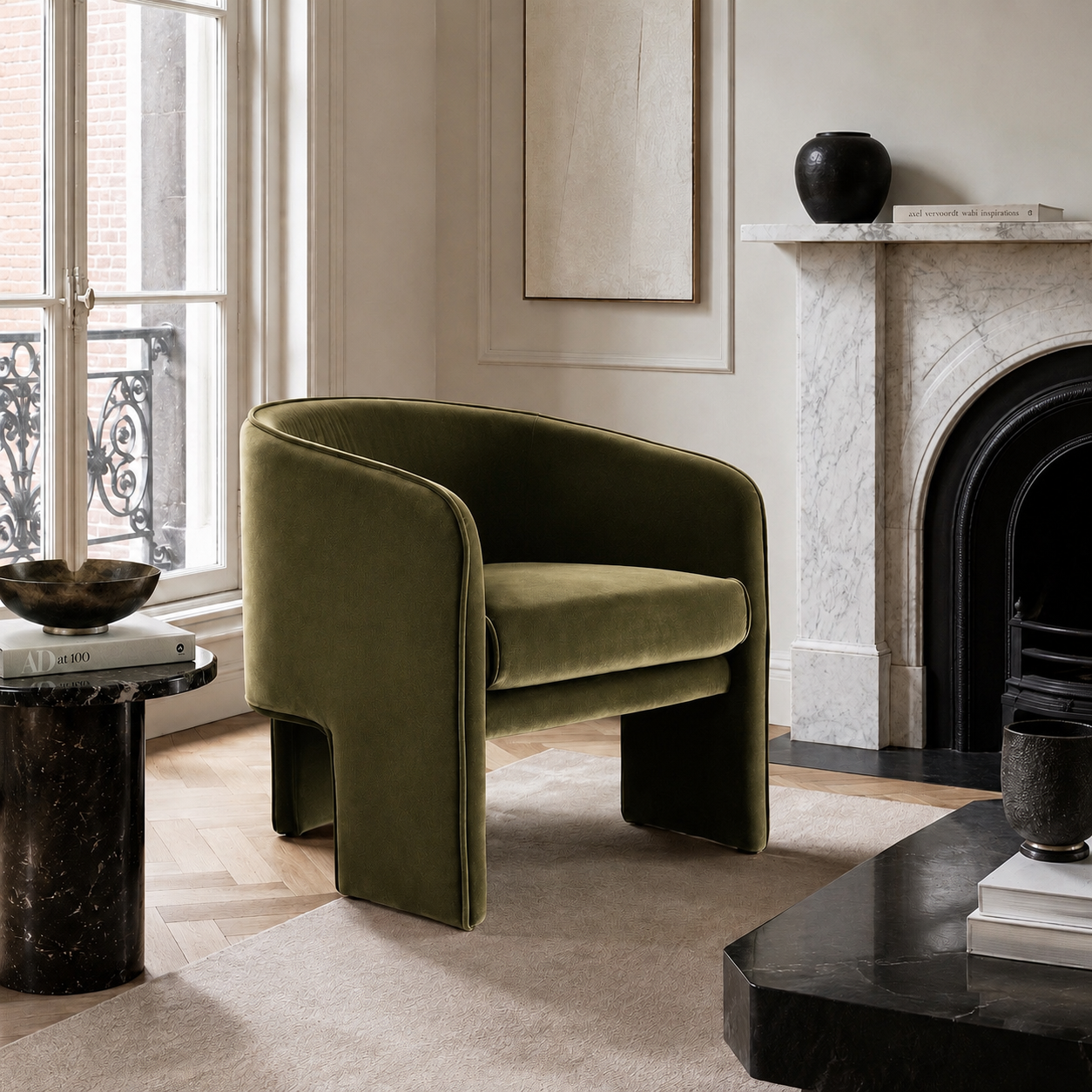 Contemporary sculptural accent armchair with a wraparound design, available in ivory bouclé, red velvet and green velvet upholstery.