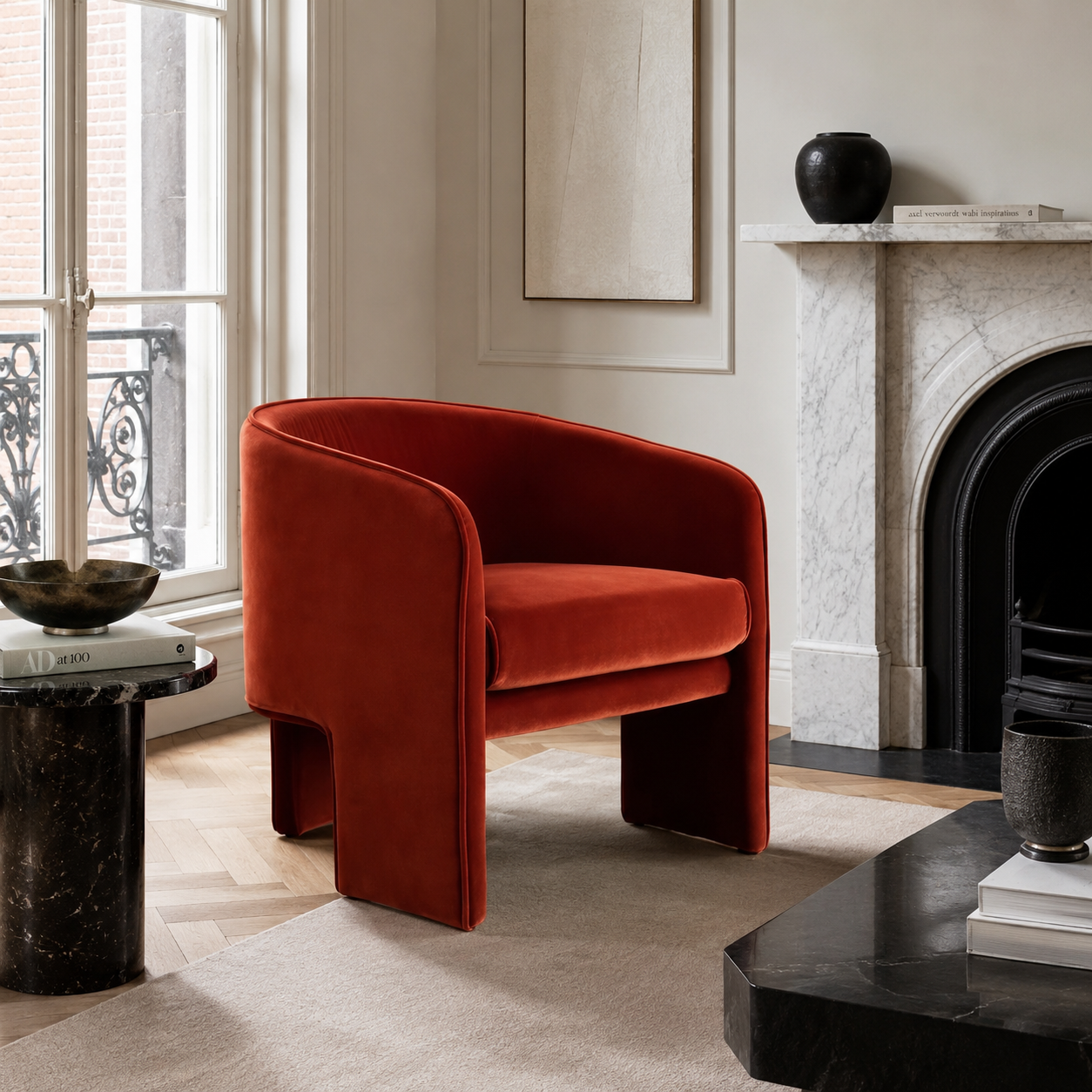 Contemporary sculptural accent armchair with a wraparound design, available in ivory bouclé, red velvet and green velvet upholstery.