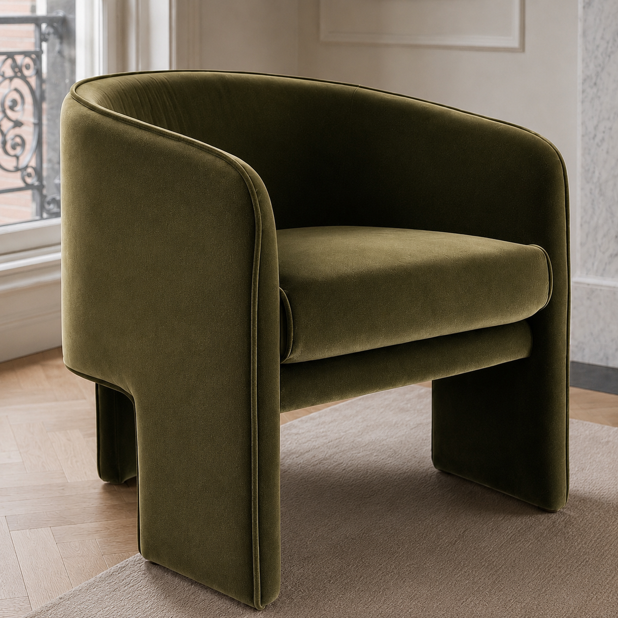 Contemporary sculptural accent armchair with a wraparound design, available in ivory bouclé, red velvet and green velvet upholstery.