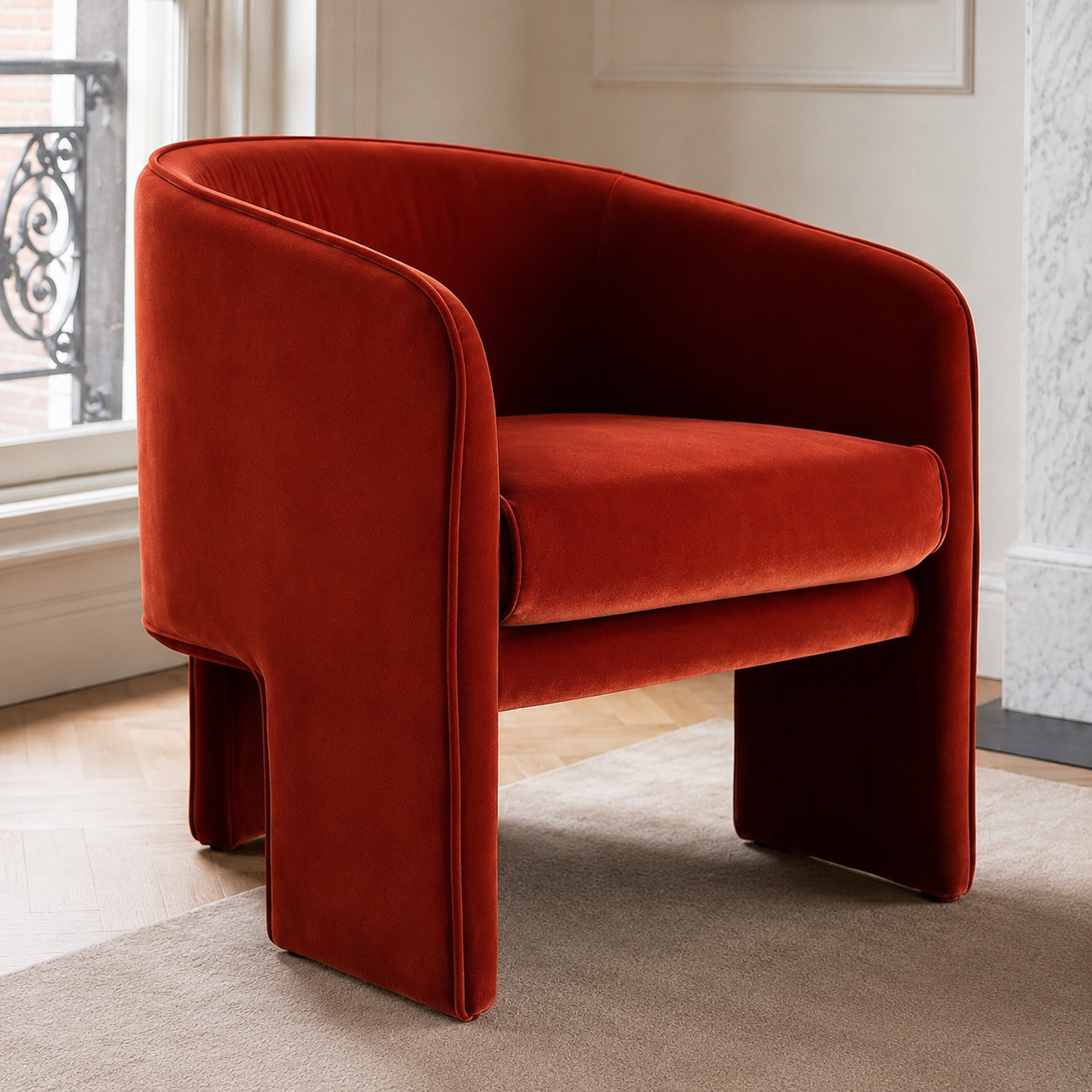 Contemporary sculptural accent armchair with a wraparound design, available in ivory bouclé, red velvet and green velvet upholstery.