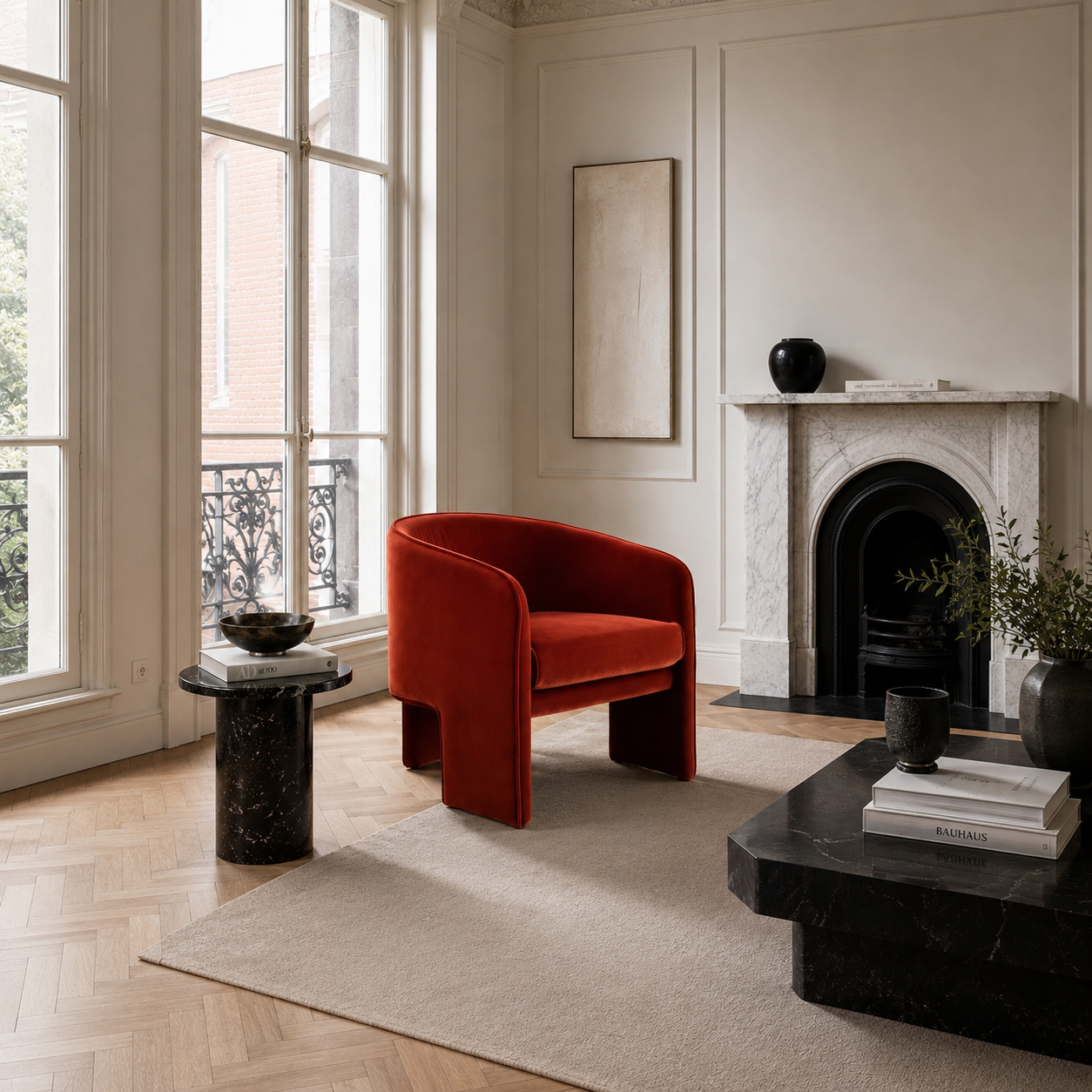 Contemporary sculptural accent armchair with a wraparound design, available in ivory bouclé, red velvet and green velvet upholstery.