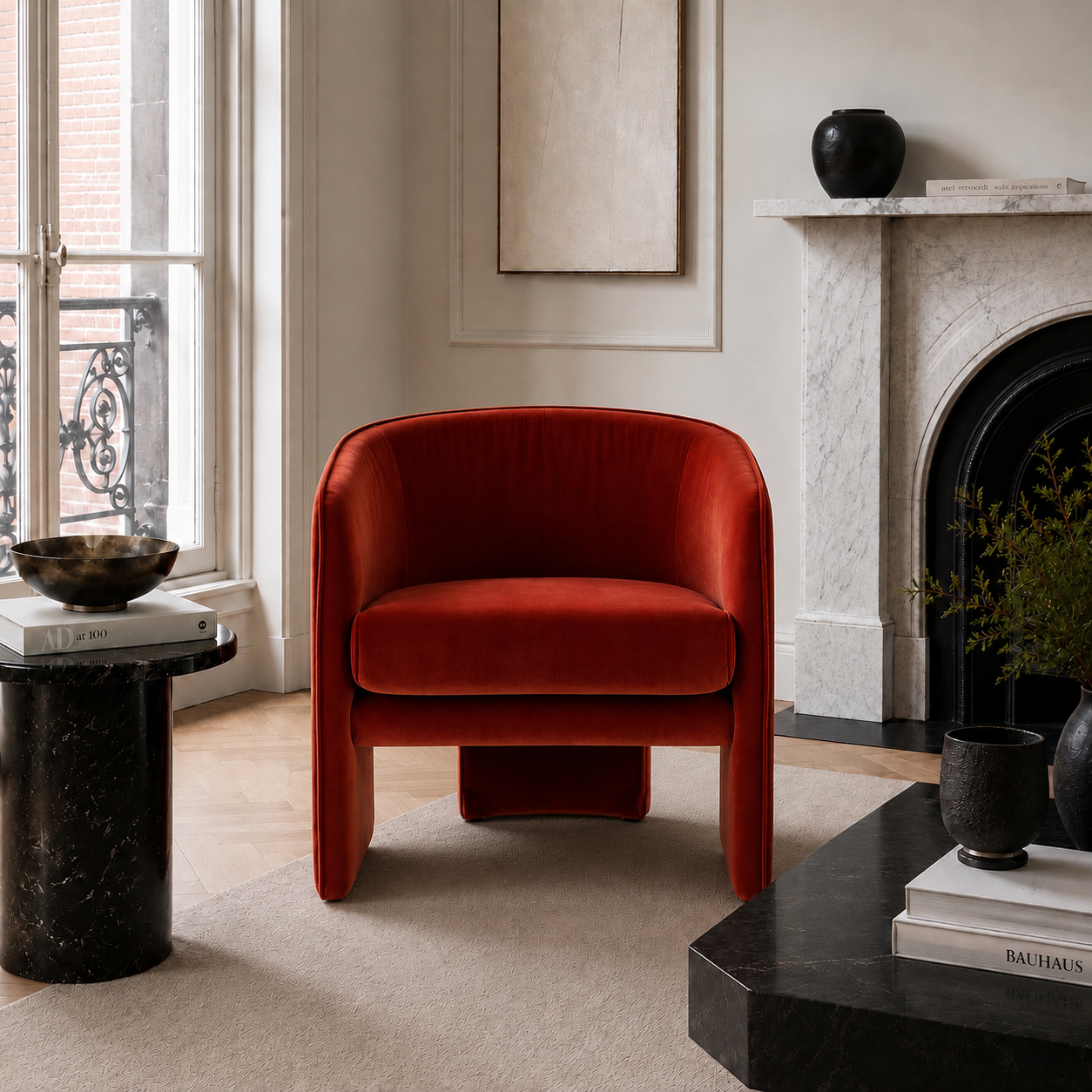 Contemporary sculptural accent armchair with a wraparound design, available in ivory bouclé, red velvet and green velvet upholstery.