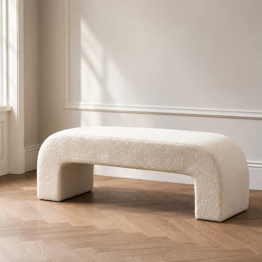 george bench upholstered in boucle teddy fabric cream high end luxury furniture