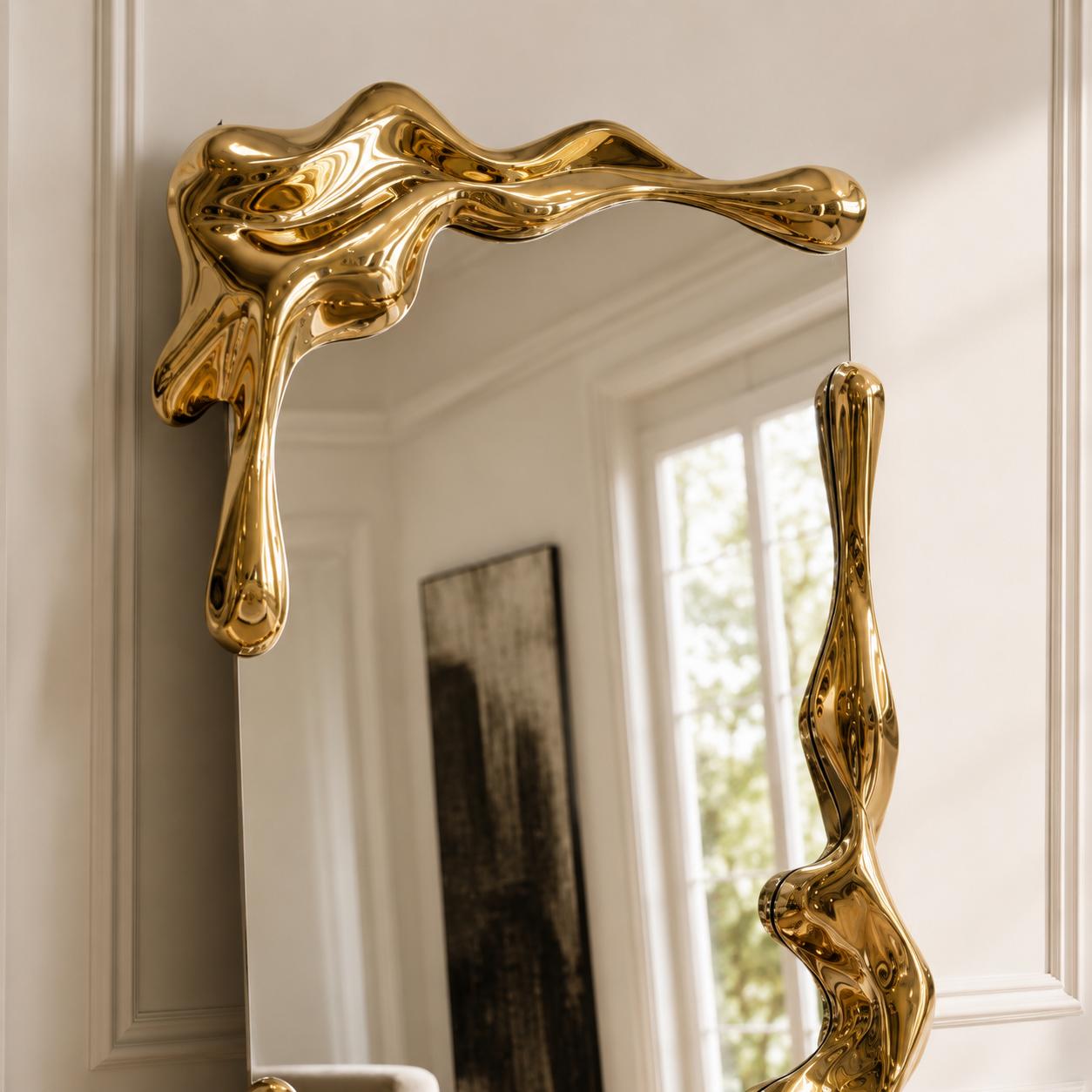 Sculptural full length liquid mirror with an organically shaped polished gold frame in a luxury contemporary interior.