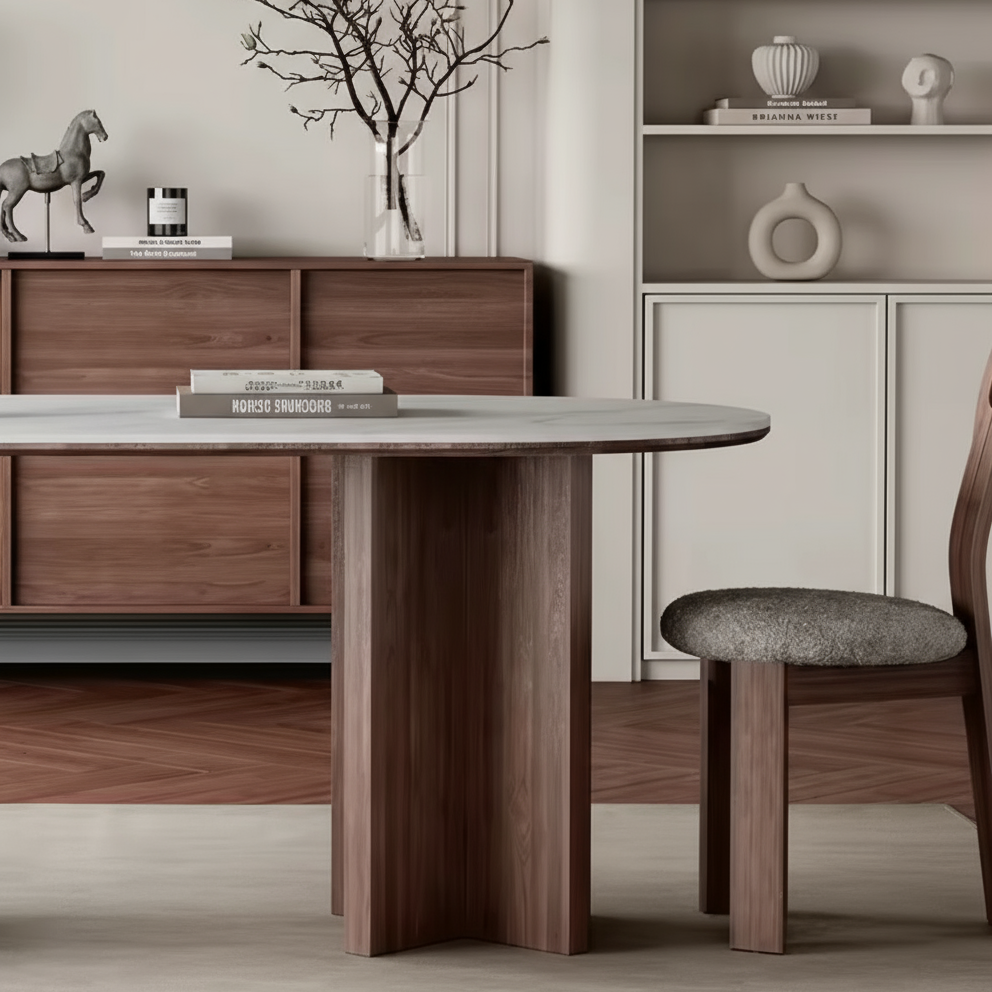 Wooden dining table with a chair in a room setting