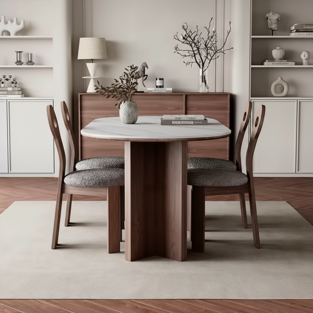 Dining table set with chairs in a room setting, featuring a smartphone interface with search bar and time display.