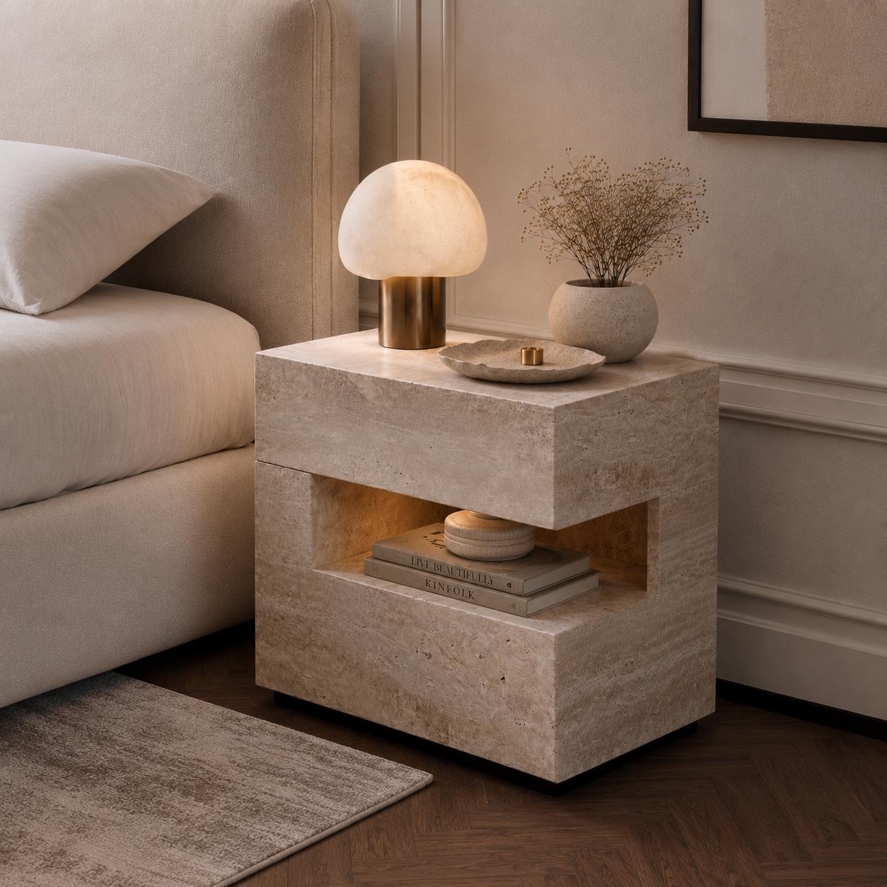 Modern travertine effect bedside table with two drawers, open display shelf, integrated LED lighting and left or right hand configuration.