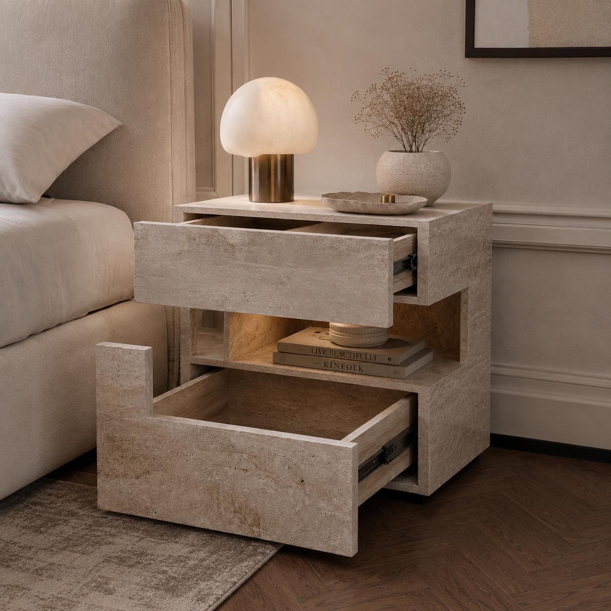 Modern travertine effect bedside table with two drawers, open display shelf, integrated LED lighting and left or right hand configuration.
