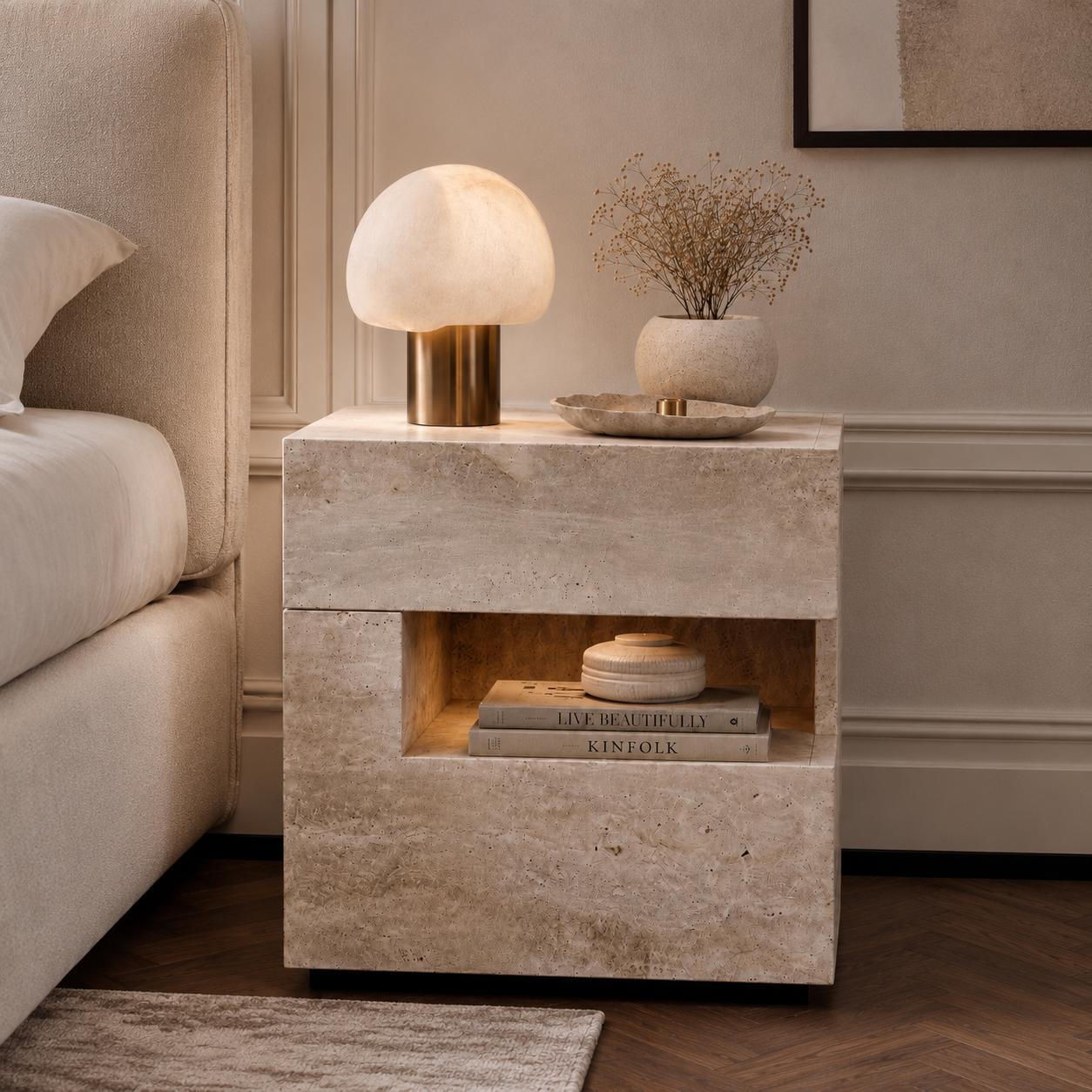 Modern travertine effect bedside table with two drawers, open display shelf, integrated LED lighting and left or right hand configuration.