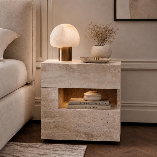 Modern travertine effect bedside table with two drawers, open display shelf, integrated LED lighting and left or right hand configuration.