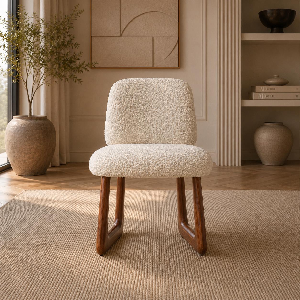 Siena Dining Chair upholstered in soft sheep’s wool with a walnut finished wood frame in a warm luxury dining interior.
