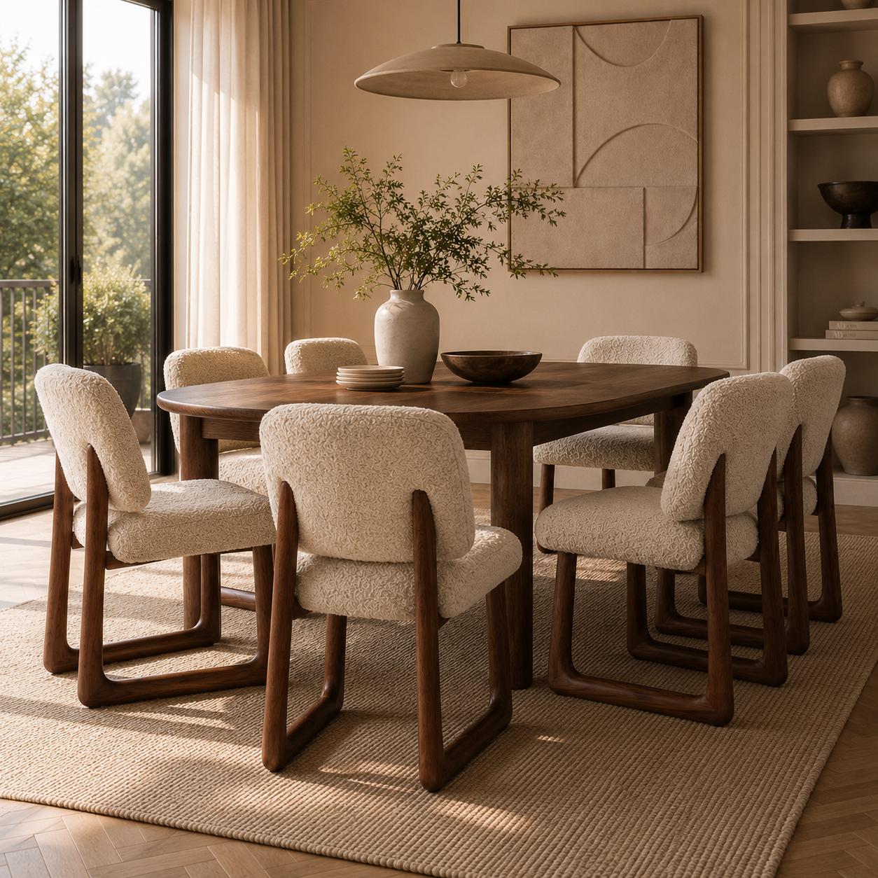 Siena Dining Chair upholstered in soft sheep’s wool with a walnut finished wood frame in a warm luxury dining interior.