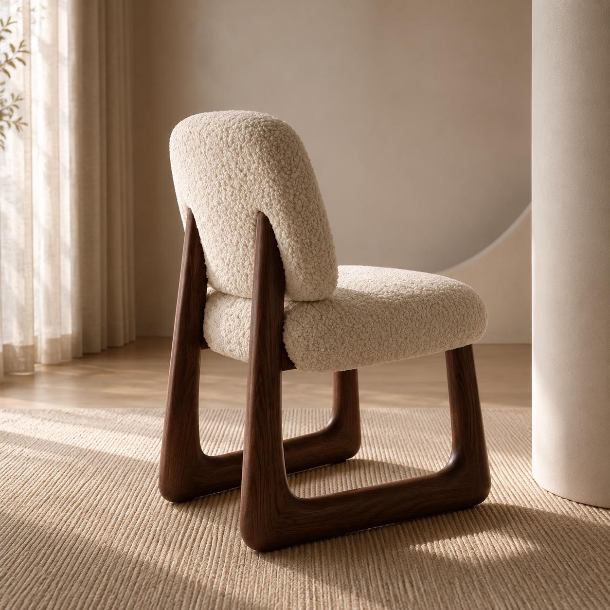 Siena Dining Chair upholstered in soft sheep’s wool with a walnut finished wood frame in a warm luxury dining interior.