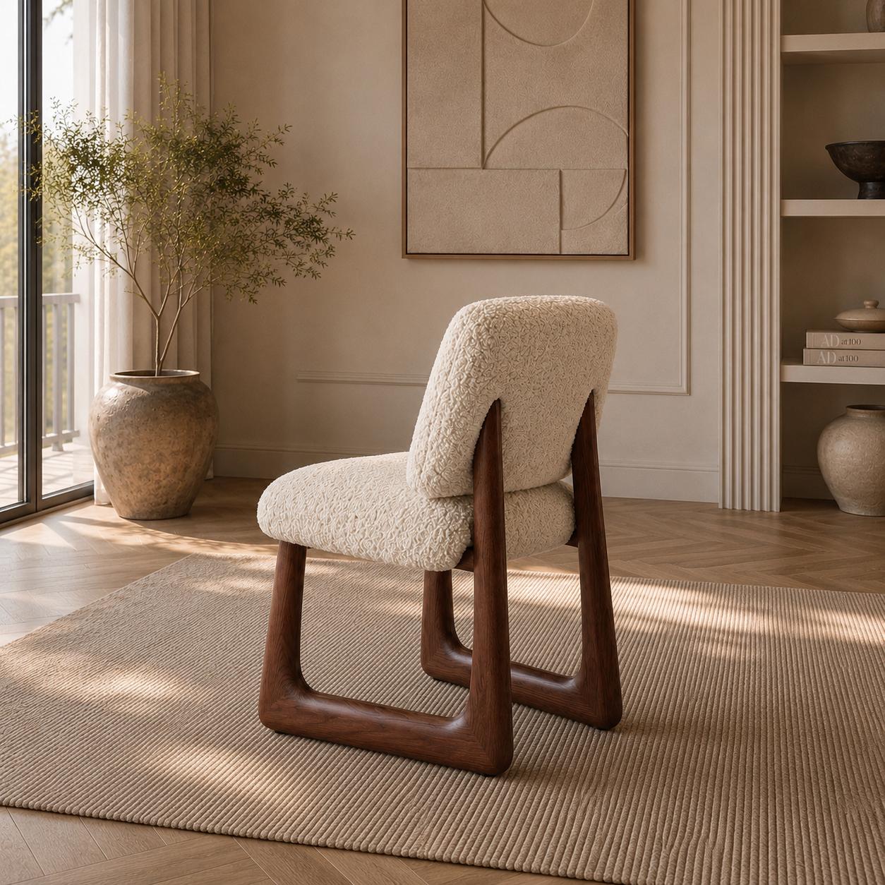 Siena Dining Chair upholstered in soft sheep’s wool with a walnut finished wood frame in a warm luxury dining interior.