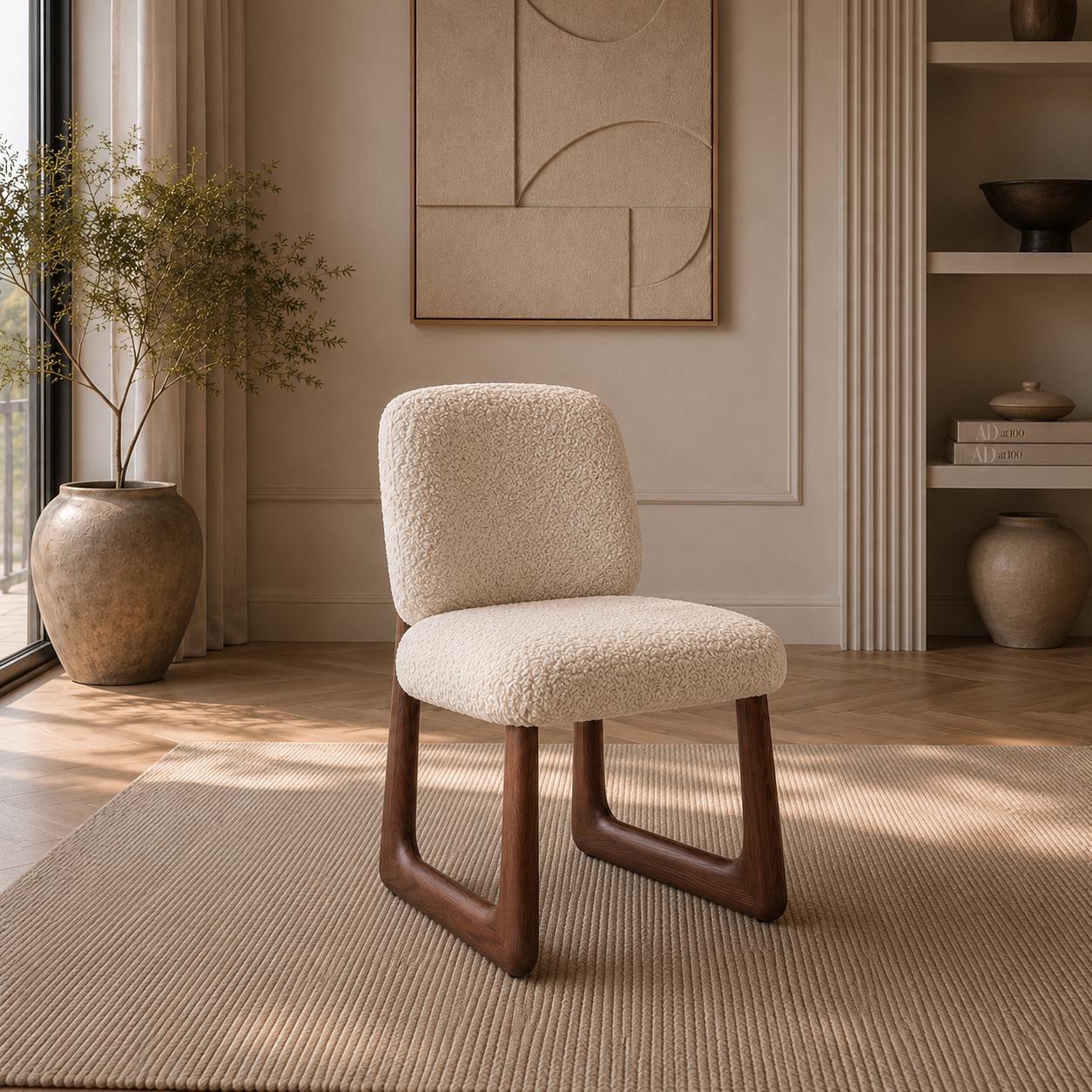 Siena Dining Chair upholstered in soft sheep’s wool with a walnut finished wood frame in a warm luxury dining interior.