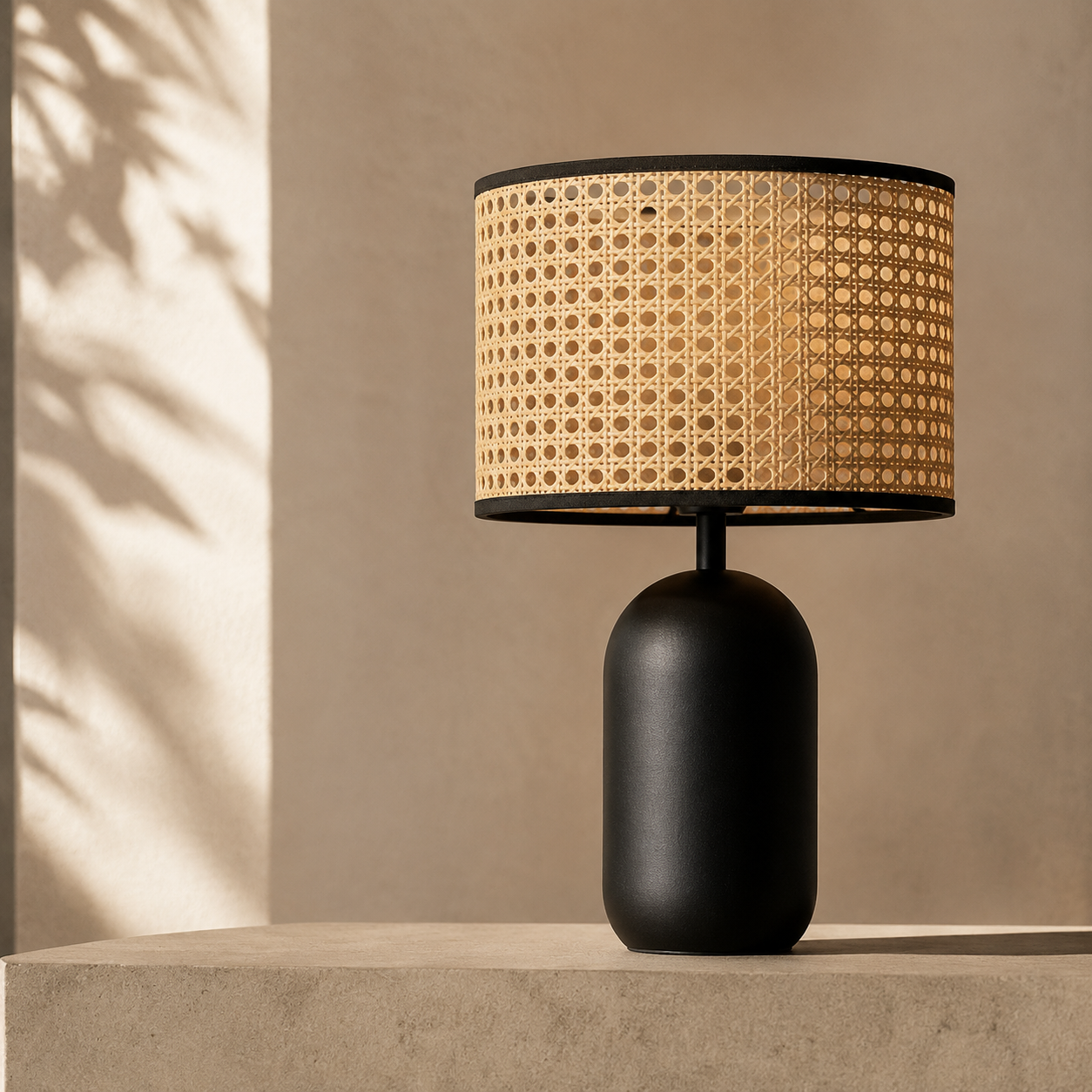 Table lamp with a black base and woven patterned shade on a neutral background