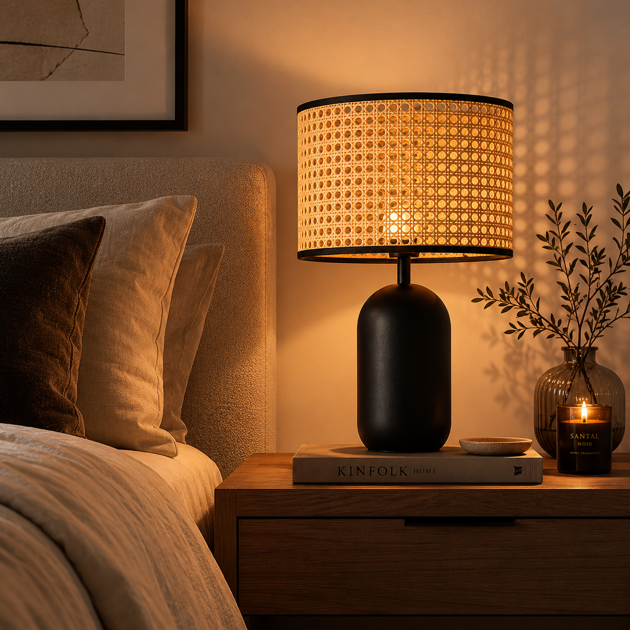 Black lamp with wicker shade on a bedside table next to a bed with pillows.